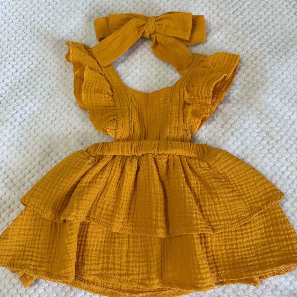 Mustard Yellow Ruffled Dress with Bow
